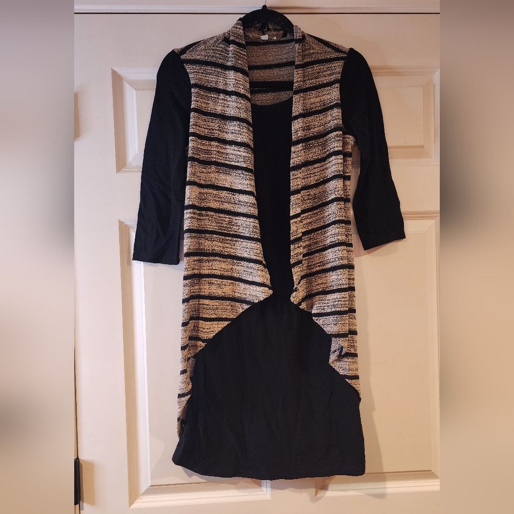 Haani beige and black striped 3/4 sleeve layered dress PS